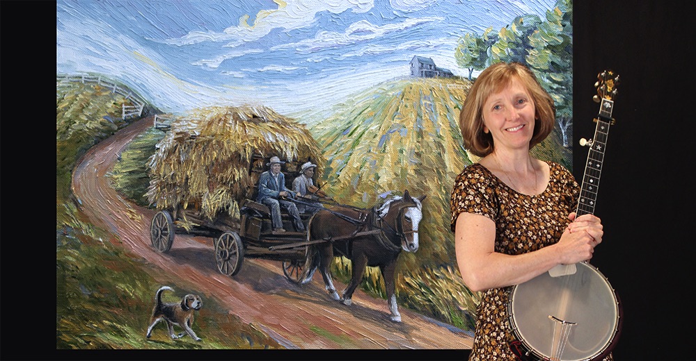 Artist Paula McHugh in front of her original oil painting 